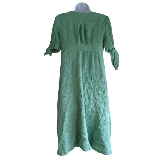 Cider Women M Green Smock Waist Knotted Sleeve Midi DRESS Medium l Deep V Neck - Picture 3 of 7